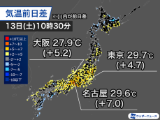 近畿から関東で昨日より気温上昇　湿度が高めで熱中症には注意を
