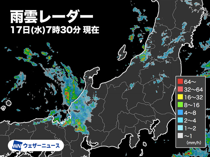日本海から発達した雨雲流れ込む　北陸など局地的な強い雨に注意