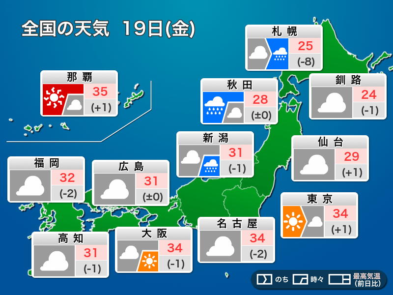 今日19日(金)の天気予報　局地的な激しい雨や落雷、猛暑に注意