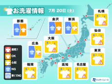 7月20日(土)の洗濯天気予報　晴れていても急な雨に注意