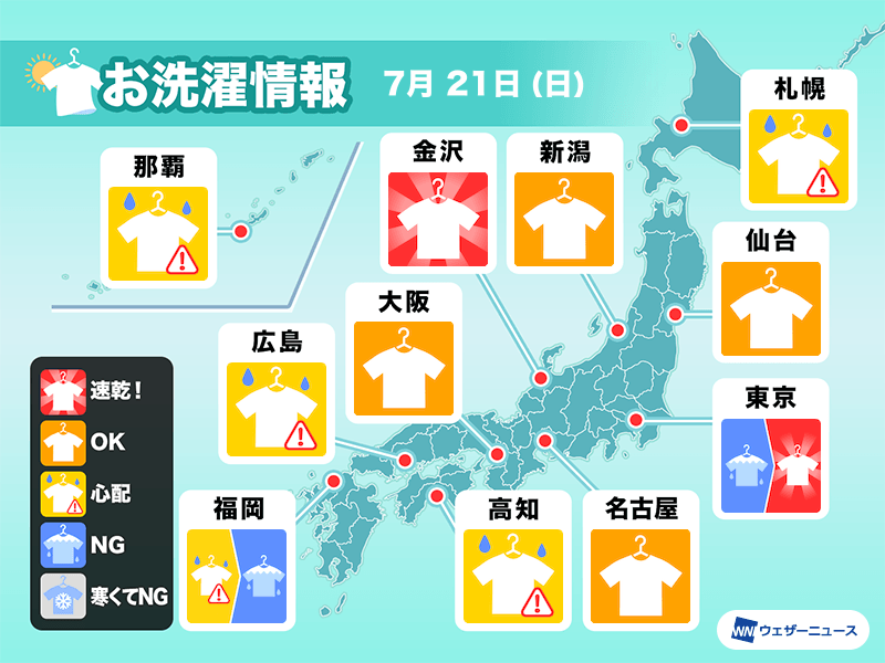 7月21日(日)の洗濯天気予報　東海や近畿は速乾