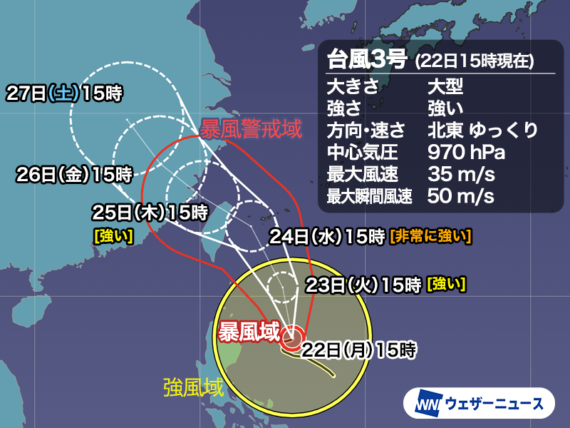 大型で強い台風3号は発達しながら北上　沖縄は暴風雨に厳重警戒