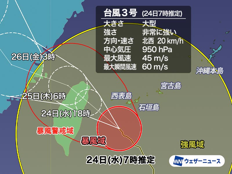 台風3号が沖縄・先島諸島へ今日午前中に最接近　暴風雨に厳重警戒