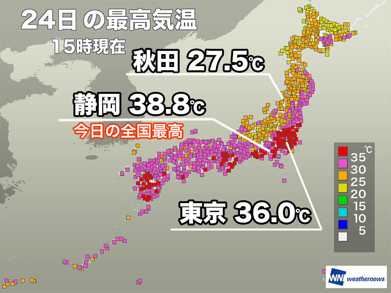 関東から西の太平洋側で猛暑日　静岡で全国最高の38.8℃