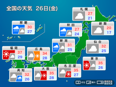 明日26日(金)の天気予報　東北は激しい雨に注意　関東から九州は危険な暑さ