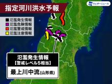 山形　最上川中流で氾濫が発生　警戒レベル5相当の氾濫発生情報発表