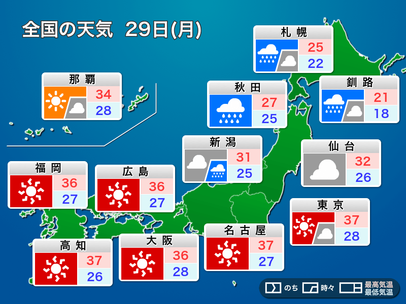 明日29日(月)の天気予報　関東内陸で40℃予想　北日本は大雨警戒