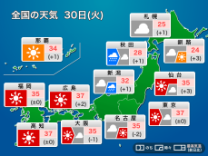 今日30日(火)の天気予報　関東から西は暑さ継続　午後は天気急変に注意