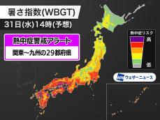今日31日(水)対象の熱中症警戒アラート　関東から九州の29都府県に発表