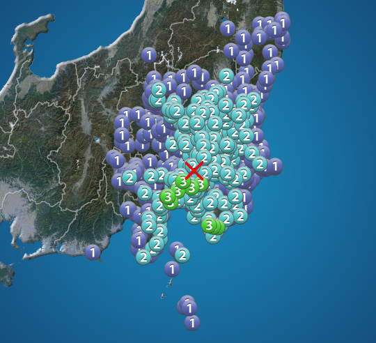 東京都・千葉県・神奈川県で震度3の地震発生