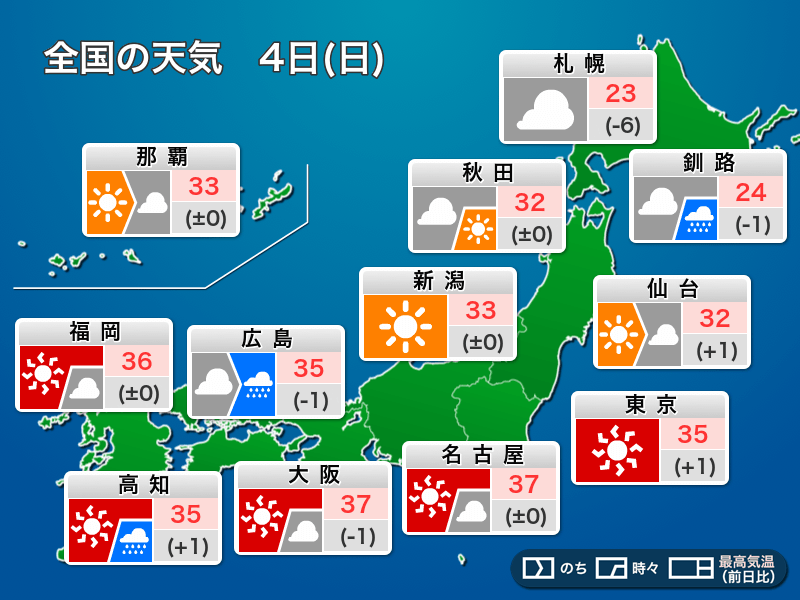 今日4日(日)の天気予報　急な雨と暑さに要注意