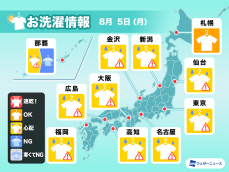 8月5日(月)の洗濯天気予報　外干しは空の変化に要注意