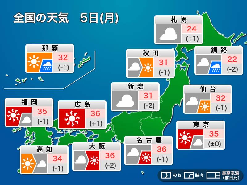 今日5日(月)の天気予報　広い範囲で大気の状態が不安定　雷雨に注意