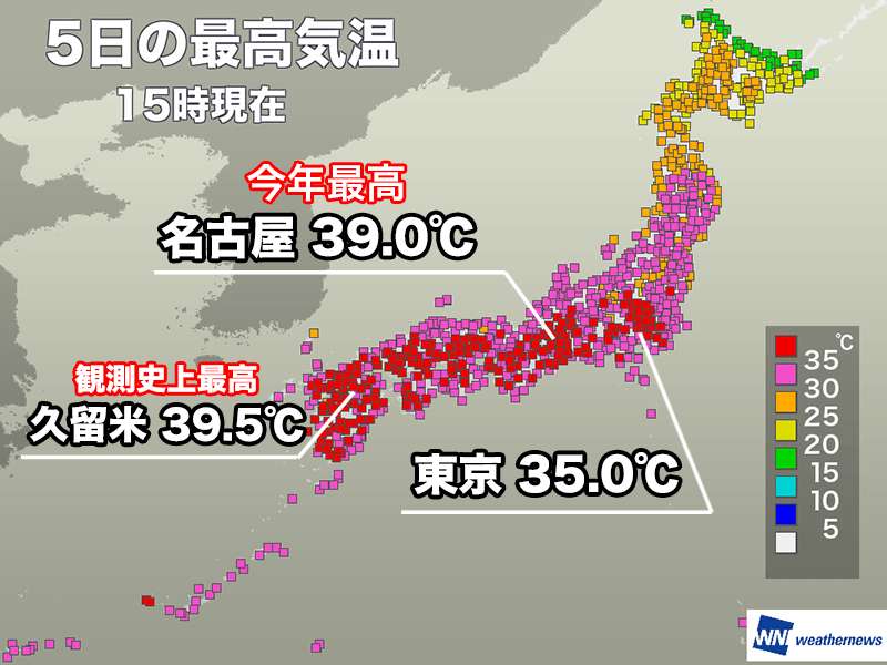 5日連続で200地点以上で猛暑日に　明日も酷暑に警戒