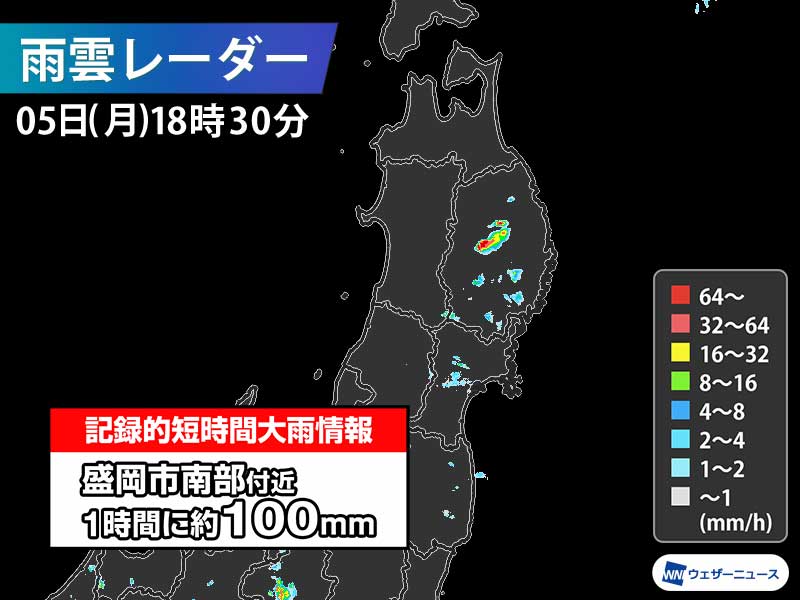 岩手県で1時間に約100mmの猛烈な雨　記録的短時間大雨情報