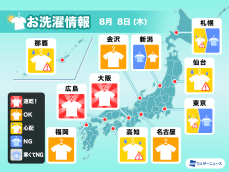 8月8日(木)の洗濯天気予報　東日本は今日も不安定