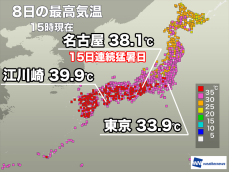 高知県で40℃に迫り記録的暑さの所も　名古屋は15日連続猛暑日