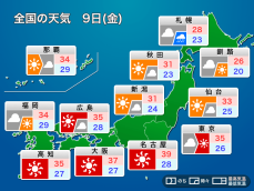 明日9日(金)の天気予報 西日本、東日本は猛暑と雷雨注意　北海道は断続的に雨