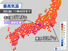 午前中から猛暑日地点が100地点超え　名古屋は40℃近くまで上がる可能性