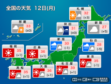 今日12日(月)の天気予報　東北は台風5号上陸で荒天　関東以西は猛暑続く