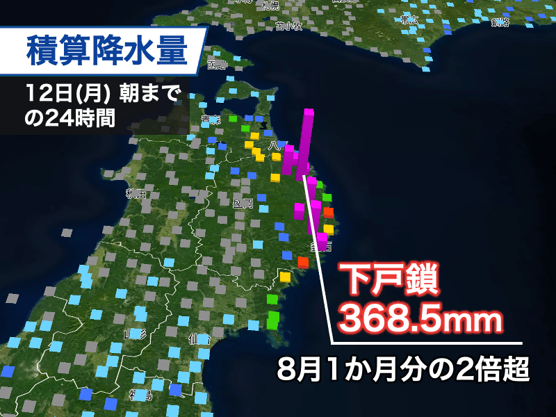 台風上陸の岩手県は記録的な大雨に　1日で8月1か月分の2倍量を超える