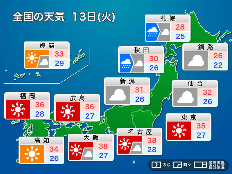 明日8月13日(火)の天気予報 北日本日本海側で荒天のおそれ　関東以西は熱中症に警戒