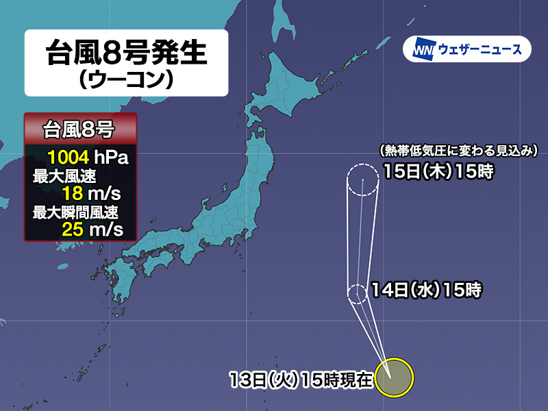 新たな台風8号（ウーコン）発生　日本への影響はなし