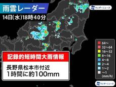 長野県で1時間に約100mmの猛烈な雨　記録的短時間大雨情報