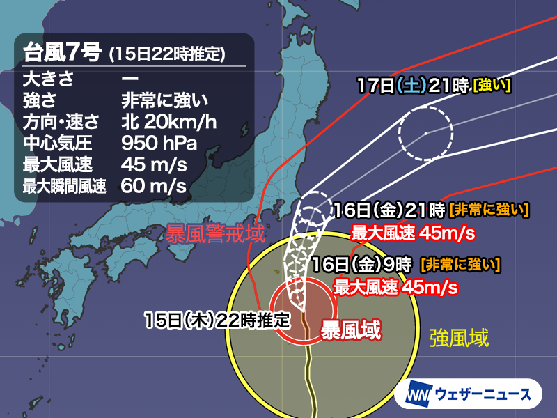 台風7号が非常に強い勢力に　関東接近時も衰えず荒天に警戒を