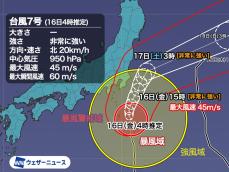 非常に強い勢力の台風7号　アウターバンドで関東は強雨の所も