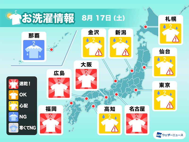 8月17日(土)の洗濯天気予報　大阪など“速乾”　関東は急な雷雨と強風に注意