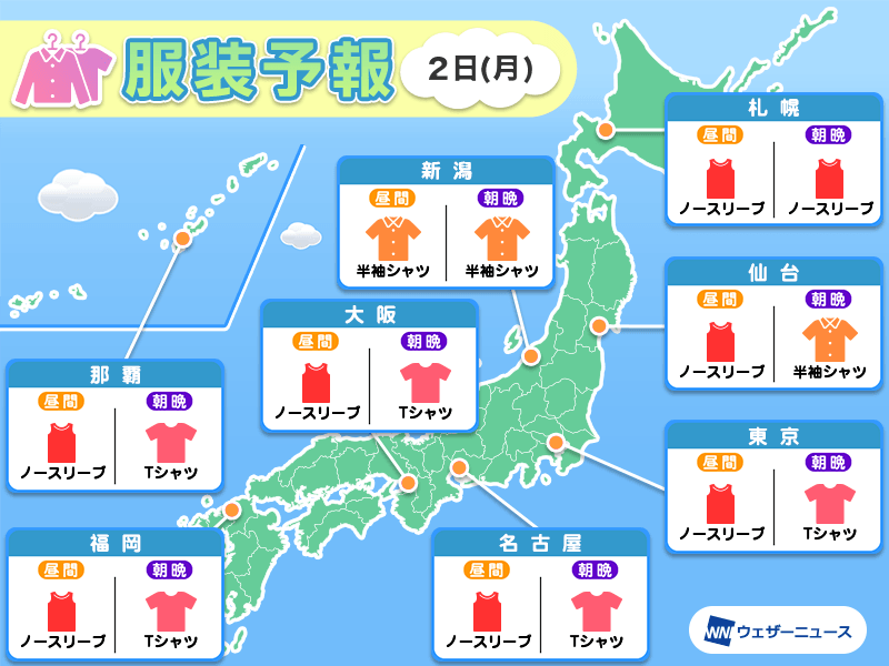 9月2日(月)　各地の気温変化と最適な服装