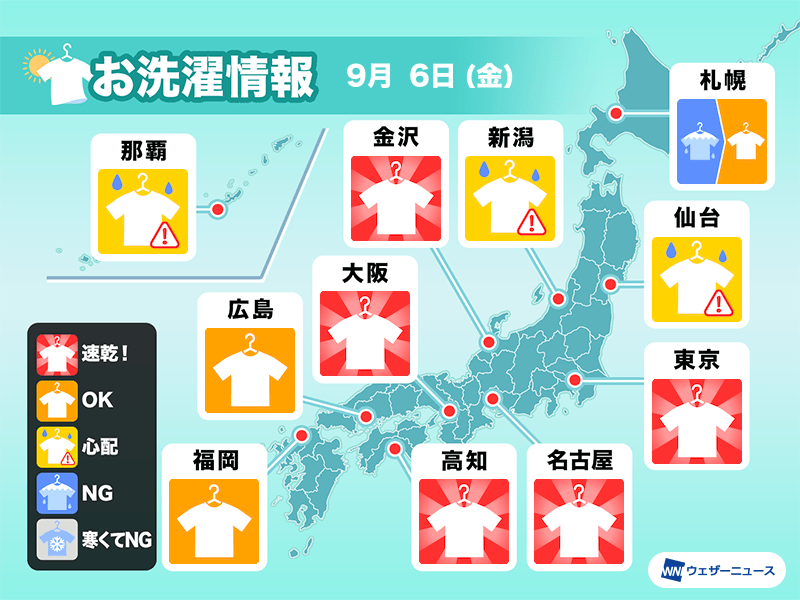 9月6日(金)の洗濯天気予報　北日本や沖縄は雨が心配