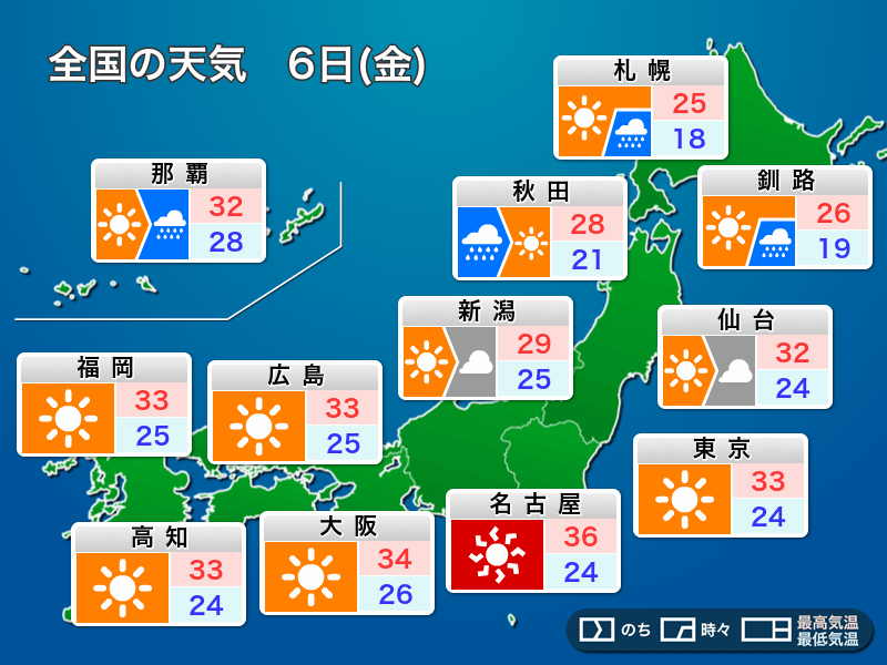 明日6日(金)の天気予報　西日本や東日本は厳しい残暑　北日本は雨の所も