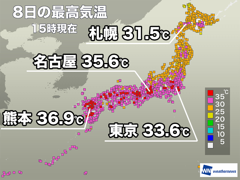 猛暑日地点数は連日50以上に　明日も西日本中心に厳しい残暑続く