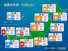 明日10日(火)の天気予報　西日本太平洋側は曇りや雨　全国的に残暑続く