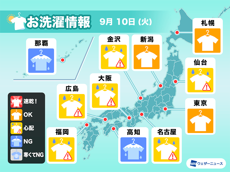 9月10日(火)の洗濯天気予報　大気不安定　外干しは天気急変に注意