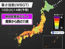 明日9月10日(火)対象の熱中症警戒アラート　関東から西の11県に発表