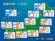 明日11日(水)の天気予報　厳しい残暑と天気急変に注意　北海道は北から天気回復