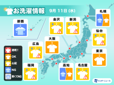 9月11日(水)の洗濯天気予報　今日も夕立の心配あり 外干しは注意