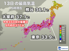 福岡・太宰府　今年55日目の猛暑日は9月極値　明日は36℃予想