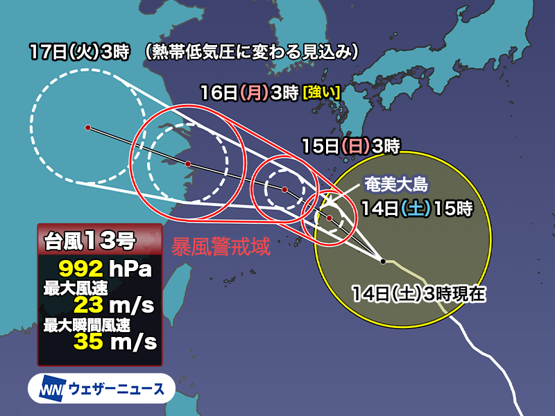 台風13号　暴風域を伴って奄美を直撃へ　西日本の太平洋側でも強雨に