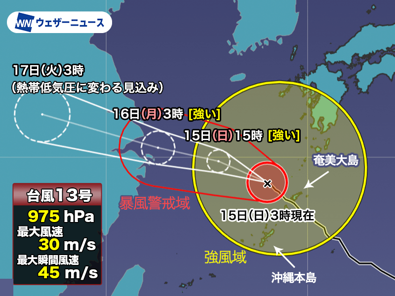 台風13号　奄美諸島付近を通過　今後は遠ざかるも引き続き荒天警戒