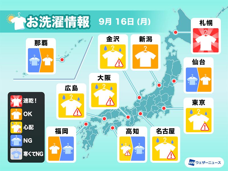 9月16日(月)の洗濯天気予報　朝は晴れていても油断禁物