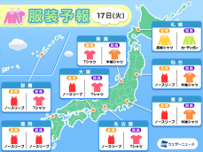 9月17日(火)　各地の気温変化と最適な服装