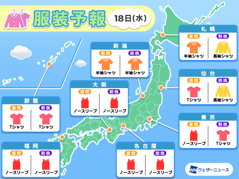 9月18日(水)　各地の気温変化と最適な服装