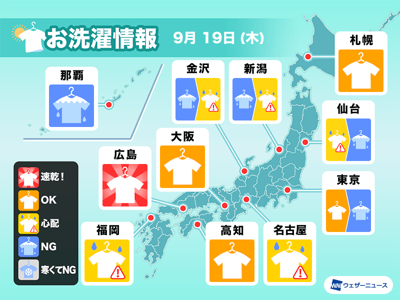 9月19日(木)の洗濯天気予報　東北南部から東日本は部屋干し推奨