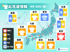 9月20日(金)の洗濯天気予報　東京や大阪は外干しOK　明日は広範囲で雨予想