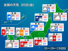 明日20日(金)の天気予報　西日本から関東は猛残暑継続　東北、北陸は強雨警戒