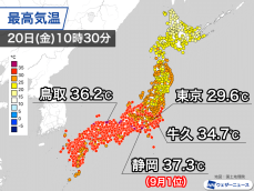 今日は暑さの中心が東日本に　日本海側もフェーン現象で気温上昇